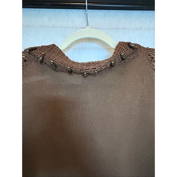 Luciano Dante Brown Knit Beaded Boho Crochet Short Sleeve Button Sweater Top XL - Picture 6 of 10